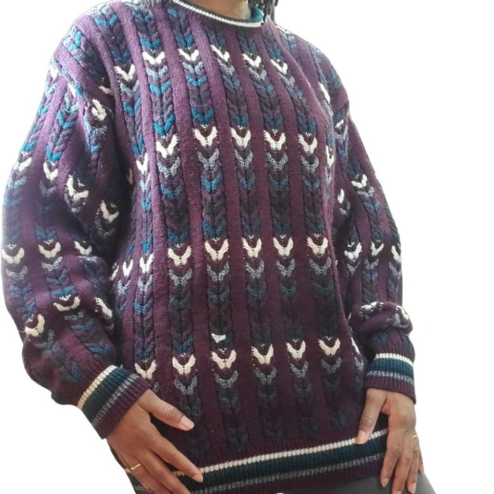 VINTAGE | Jantzen Crewneck Multicolour Cable Knit Pullover Sweater (Size L) - Picture 1 of 13